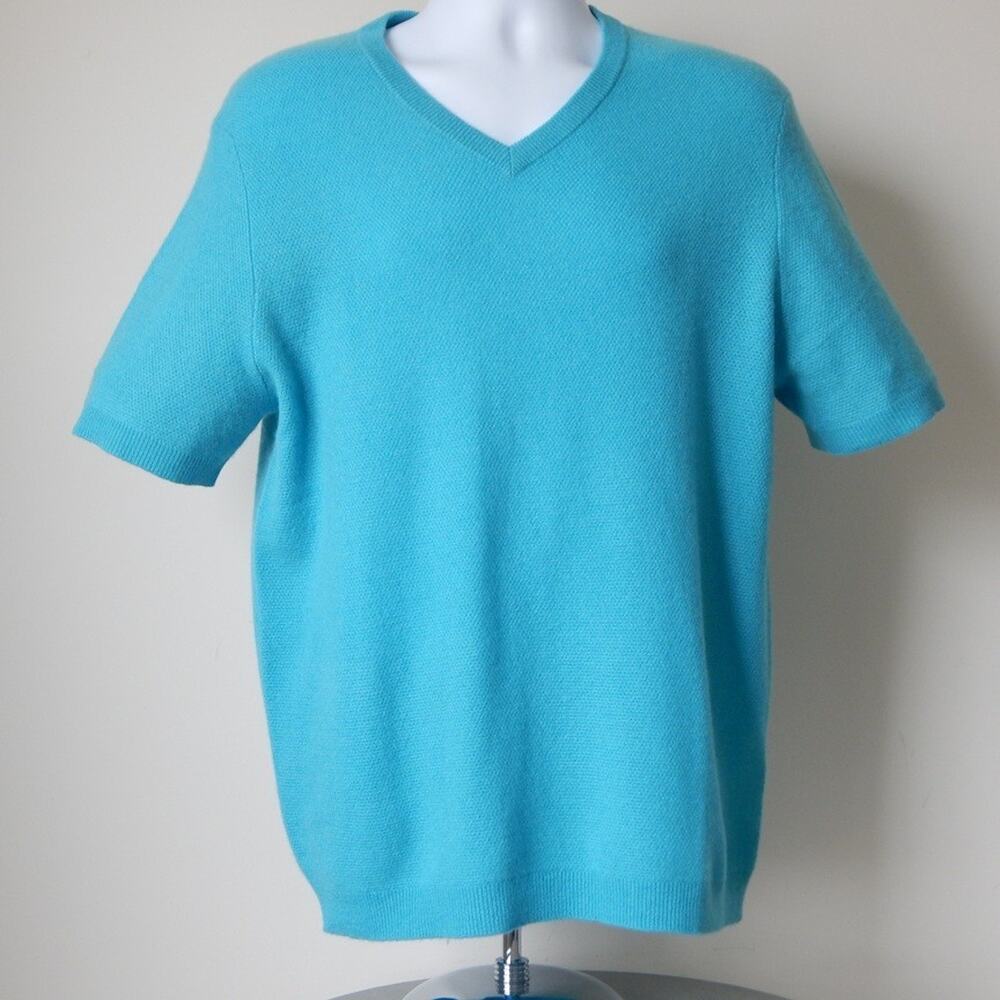 NWT Club Room Luxury Cashmere V-Neck Sweater T-Shirt SRT SLV Turquoise Men's LRG